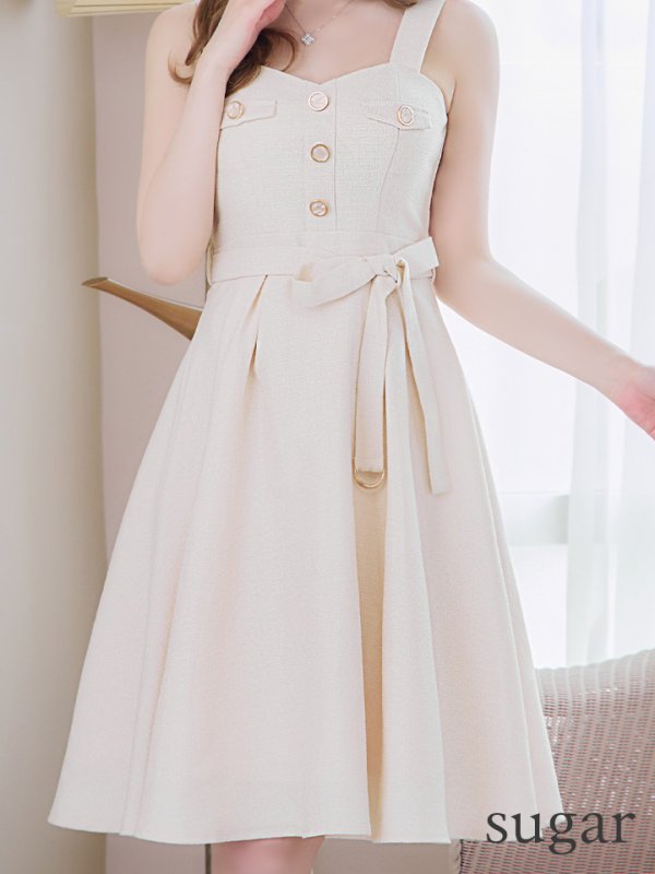 画像8: Lサイズあり【DEA./ディア】サマーツイード/ ビスチェ/ ノースリーブ/ ベルト付き/ 膝丈/ フレア/ ワンピース/ ミディアムドレス/ キャバドレス【OF08】 (8)