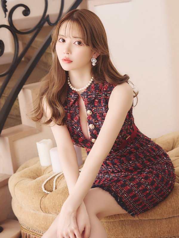 画像5: Lサイズあり【DEA./ディア】ツイード/ チェック/ サイドベルト/ ボタン/ Aライン/ ワンピース/ ミニドレス/ キャバドレス【OF08】 (5)