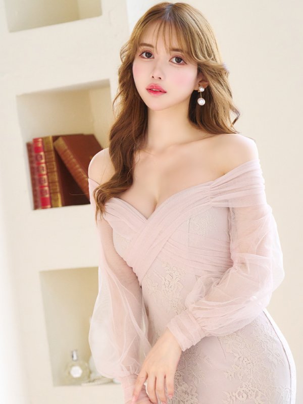 画像4: Lサイズあり【DEA./ディア】チュールスリーブ/ オフショル/ 長袖/ 総レース/ マーメイド/ ミモレ丈/ ミディアムドレス/ キャバドレス【OF08】 (4)