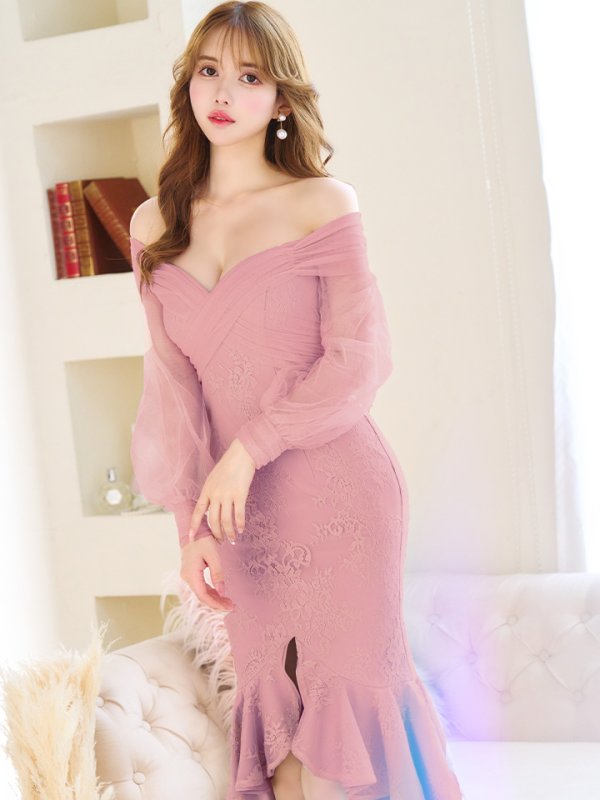 画像23: Lサイズあり【DEA./ディア】チュールスリーブ/ オフショル/ 長袖/ 総レース/ マーメイド/ ミモレ丈/ ミディアムドレス/ キャバドレス【OF08】 (23)