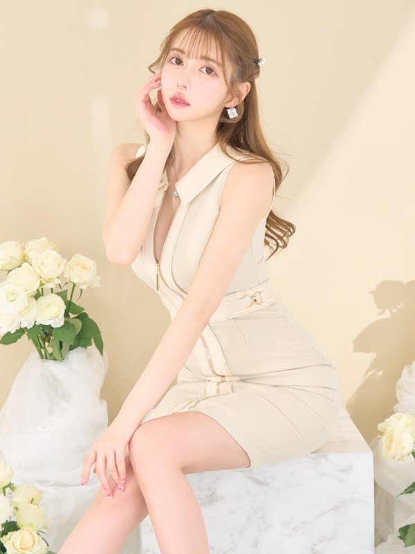 画像2: Lサイズあり【DEA./ディア】襟付き/ パイピングデザイン/ ノースリーブ/ フロントジップ/ ミディアム丈/ ワンピース/ ミディアムドレス/ キャバドレス【OF08】 (2)