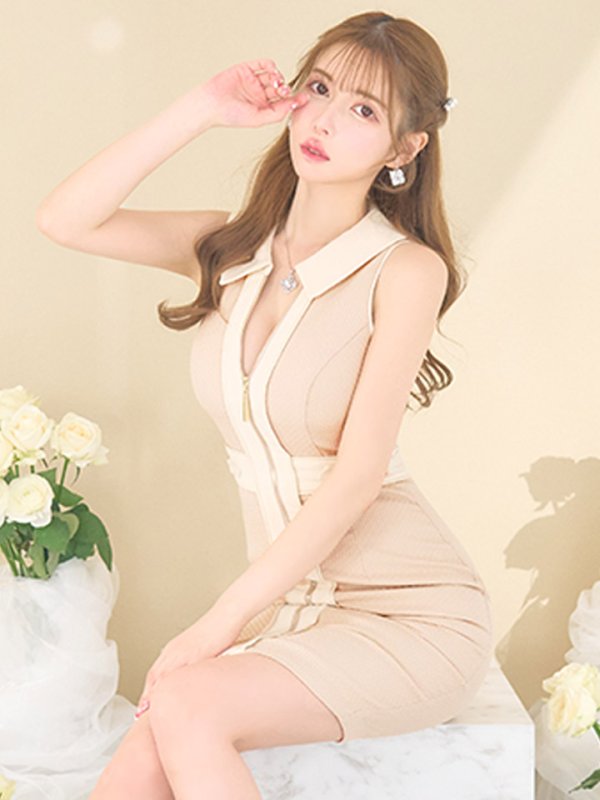 画像8: Lサイズあり【DEA./ディア】襟付き/ パイピングデザイン/ ノースリーブ/ フロントジップ/ ミディアム丈/ ワンピース/ ミディアムドレス/ キャバドレス【OF08】 (8)