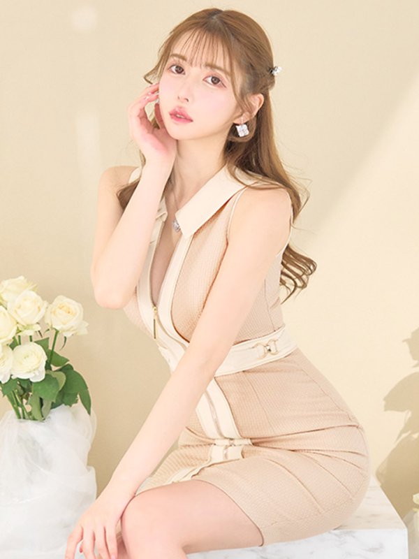 画像11: Lサイズあり【DEA./ディア】襟付き/ パイピングデザイン/ ノースリーブ/ フロントジップ/ ミディアム丈/ ワンピース/ ミディアムドレス/ キャバドレス【OF08】 (11)