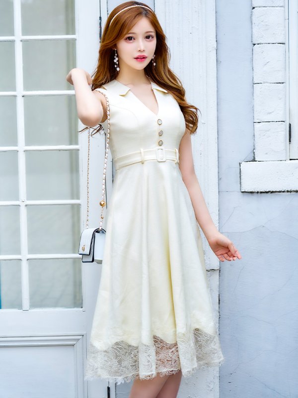 画像4: XS-Lサイズあり【DEA./ディア】裾レース/ ノースリーブ/ サマーツイード/ フレア/ ミディアムドレス/ キャバドレス【OF08】 (4)