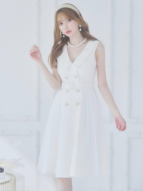 画像7: Lサイズあり【DEA./ディア】トレンチ/ ツイード/ ノースリーブ/ 膝丈/ Aライン/ フレア/ ワンピース/ ミディアムドレス/ キャバドレス【OF08】 (7)