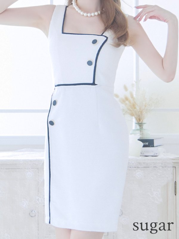 画像13: 【DEA./ディア】パイピング/ ツイード/ ワンカラー/ ノースリーブ/ タイト/ 膝丈/ ミディアムドレス/ キャバドレス【OF08】 (13)