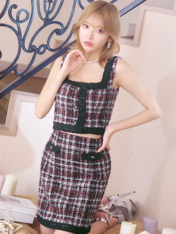 画像2: XS-Lサイズあり【DEA./ディア】ツイード/ ボタン/ スクエアネック/ セットアップ/ Aライン/ ミニドレス/ キャバドレス【OF08】 (2)