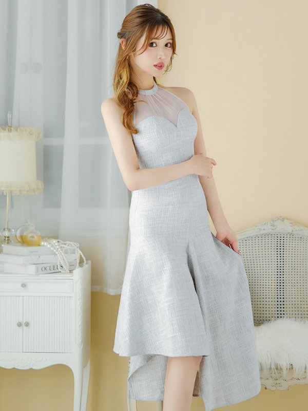 画像3: Lサイズあり【DEA./ディア】ラメツイード/ オーガンジー/ ハイネック/ ノースリーブ/ 膝丈/ アシンメトリー/ ワンピース/ ミディアムドレス/ キャバドレス【OF08】 (3)