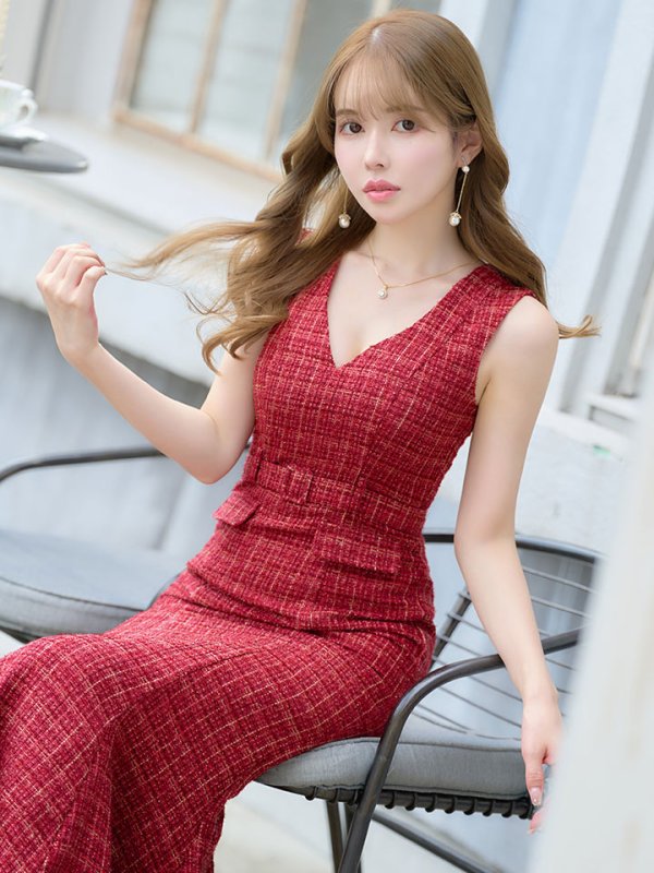 画像5: Lサイズあり【DEA./ディア】マーメイド/ ラメツイード/ ワンカラー/ ウエストベルト/ ワンピース/ ロングドレス/ キャバドレス long[OF08] (5)