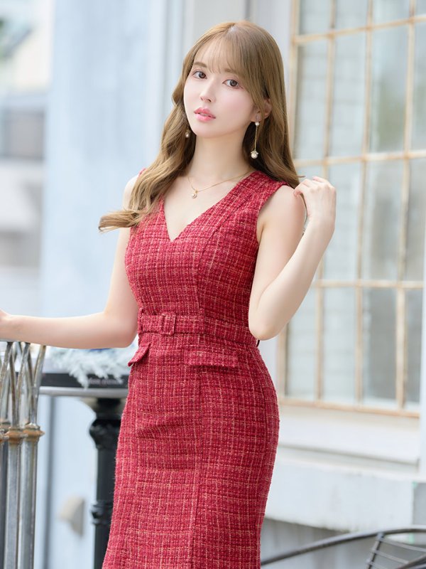 画像8: Lサイズあり【DEA./ディア】マーメイド/ ラメツイード/ ワンカラー/ ウエストベルト/ ワンピース/ ロングドレス/ キャバドレス long[OF08] (8)