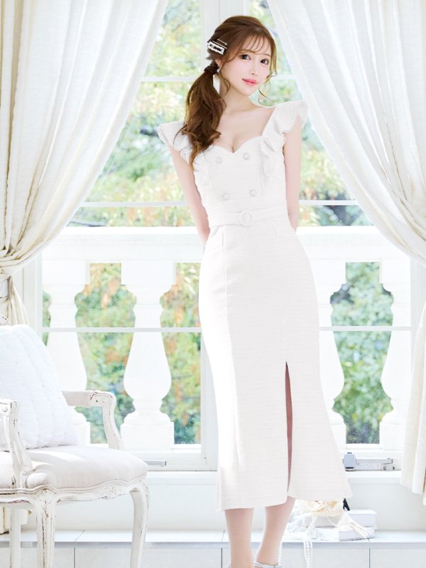 画像2: Lサイズあり【DEA./ディア】肩フリル/ ダブルボタン/ スリット/ ミモレ丈/ ミディアムドレス/ キャバドレス【OF08】 (2)