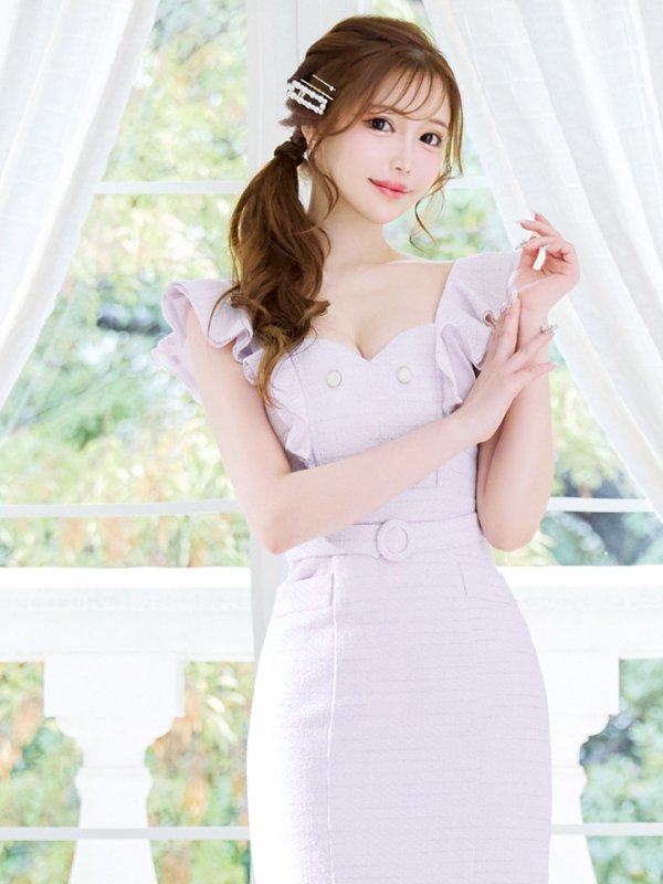 画像14: Lサイズあり【DEA./ディア】肩フリル/ ダブルボタン/ スリット/ ミモレ丈/ ミディアムドレス/ キャバドレス【OF08】 (14)