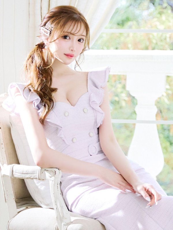 画像15: Lサイズあり【DEA./ディア】肩フリル/ ダブルボタン/ スリット/ ミモレ丈/ ミディアムドレス/ キャバドレス【OF08】 (15)