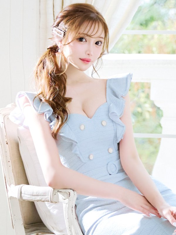 画像9: Lサイズあり【DEA./ディア】肩フリル/ ダブルボタン/ スリット/ ミモレ丈/ ミディアムドレス/ キャバドレス【OF08】 (9)