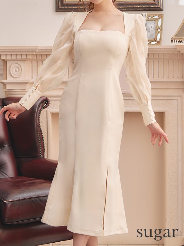 画像11: Lサイズあり【DEA./ディア】マーメイド/ オーガンジースリーブ/ スクエアネック/ サマー/ サテン/ ワンピース/ ロングドレス/ キャバドレス long[OF08] (11)