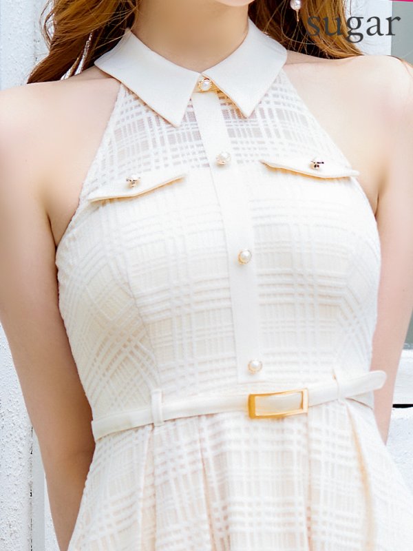 画像19: Lサイズあり【DEA./ディア】襟付き/ ホルターネック/ チェックレース/ フレア/ ミディアムドレス/ キャバドレス【OF08】 (19)