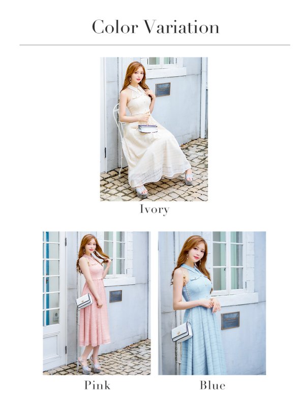 画像28: Lサイズあり【DEA./ディア】襟付き/ ホルターネック/ チェックレース/ フレア/ ミディアムドレス/ キャバドレス【OF08】 (28)