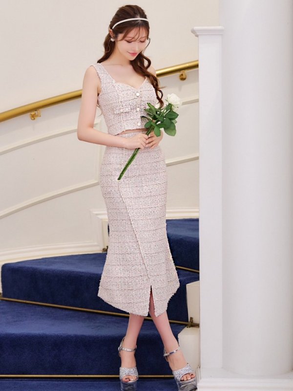 画像5: Lサイズあり【DEA./ディア】マーメイド/ ツイード/ ノースリーブ/ セットアップ/ ミディアムドレス/ キャバドレス【OF08】 (5)