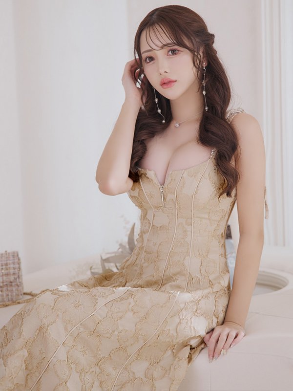 画像8: Lサイズあり【DEA./ディア】花柄ジャガード/ パイピング/ フレア/ ミモレ丈/ ミディアムドレス/ キャバドレス【OF08】 (8)