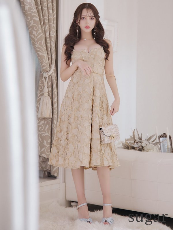 画像11: Lサイズあり【DEA./ディア】花柄ジャガード/ パイピング/ フレア/ ミモレ丈/ ミディアムドレス/ キャバドレス【OF08】 (11)