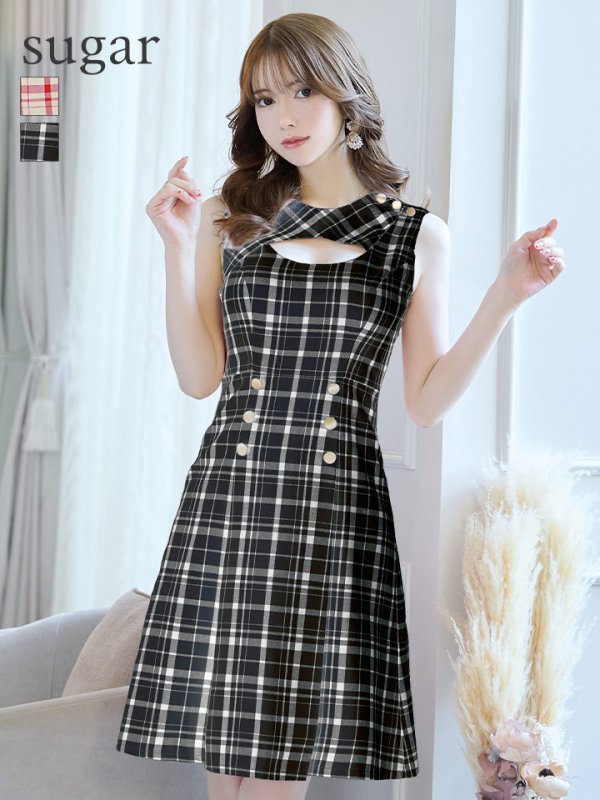 画像1: Lサイズあり【DEA. by ROBE de FLEURS/ディアバイローブドフルール】レトロ風チェック/ バストカット/ ノースリーブ/ フレア/ ワンピース/ 膝丈/ ミディアムドレス/ キャバドレス[OF2] (1)