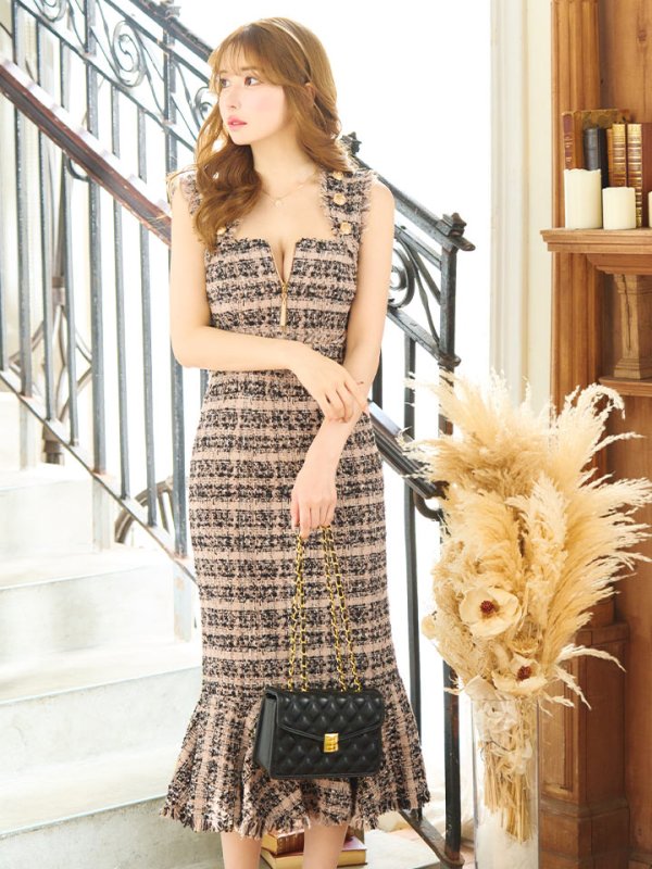 画像5: Lサイズあり【DEA./ディア】スプリングツイード/ マーメイド/ フリル/ ゴールドボタン/ ジップ/ ミモレ丈/ ワンピース/ キャバドレス【OF08】 (5)