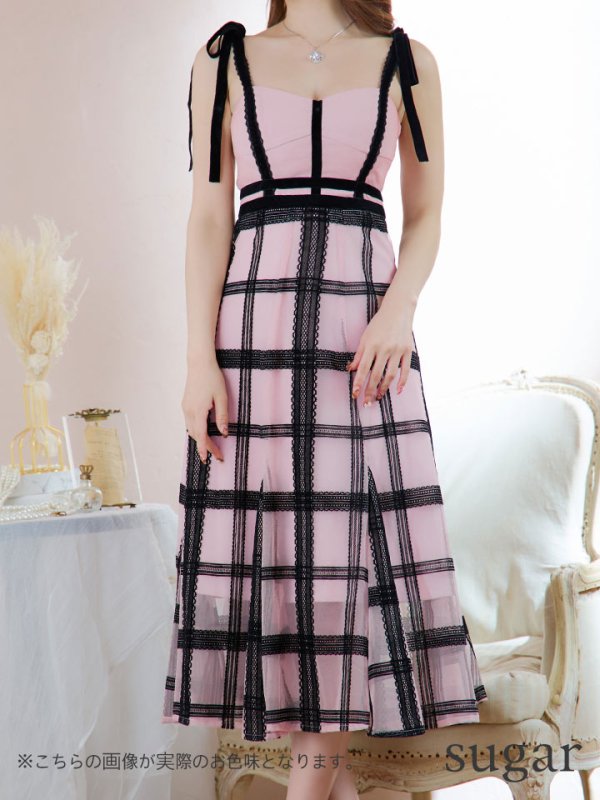 画像23: Lサイズあり【DEA./ディア】チュールチェック/ リボンショルダー/ ノースリーブ/ Aライン/ フレア/ ミモレ丈/ ワンピース/ ミディアムドレス/ キャバドレス【OF08】 (23)