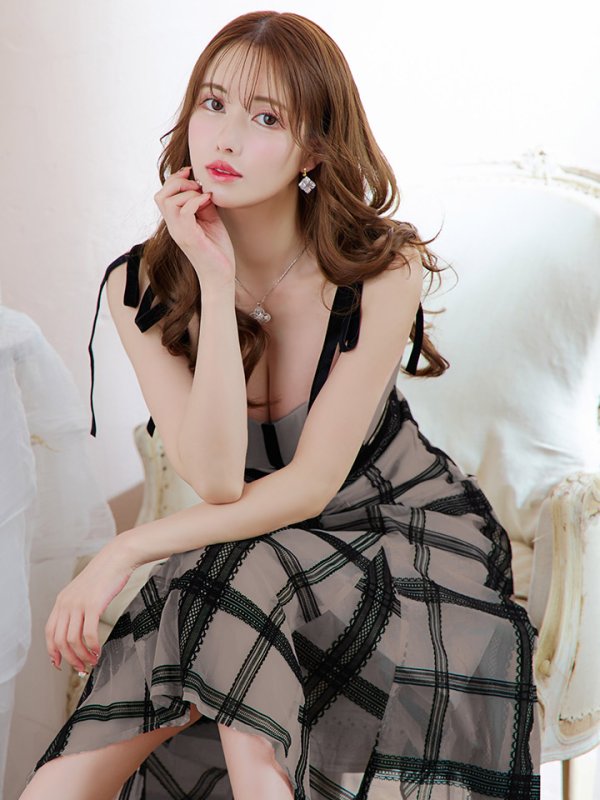 画像2: Lサイズあり【DEA./ディア】チュールチェック/ リボンショルダー/ ノースリーブ/ Aライン/ フレア/ ミモレ丈/ ワンピース/ ミディアムドレス/ キャバドレス【OF08】 (2)