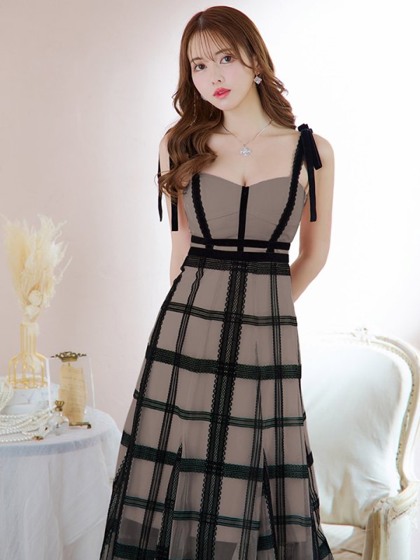 画像3: Lサイズあり【DEA./ディア】チュールチェック/ リボンショルダー/ ノースリーブ/ Aライン/ フレア/ ミモレ丈/ ワンピース/ ミディアムドレス/ キャバドレス【OF08】 (3)
