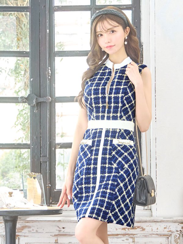 画像4: Lサイズあり【DEA./ディア】ツイード/ チェック/ ジップ/ 谷間魅せ/ Aライン/ ワンピース/ ミニドレス/ フレア/ キャバドレス【OF08】 (4)