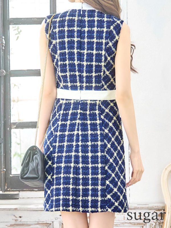 画像9: Lサイズあり【DEA./ディア】ツイード/ チェック/ ジップ/ 谷間魅せ/ Aライン/ ワンピース/ ミニドレス/ フレア/ キャバドレス【OF08】 (9)