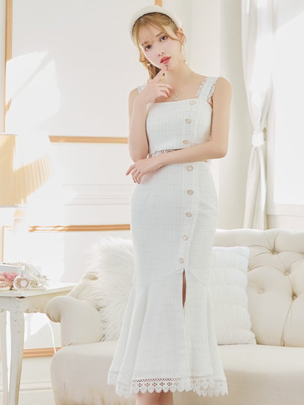 画像2: 再入荷!【DEA./ディア】スプリングツイード/ ノースリーブ/ セットアップ/ レース/ ミモレ丈/ Aライン/ ミディアムドレス/ キャバドレス【OF08】 (2)