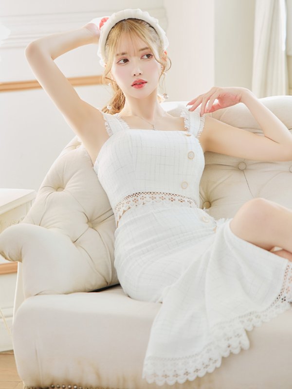 画像3: 再入荷!【DEA./ディア】スプリングツイード/ ノースリーブ/ セットアップ/ レース/ ミモレ丈/ Aライン/ ミディアムドレス/ キャバドレス【OF08】 (3)