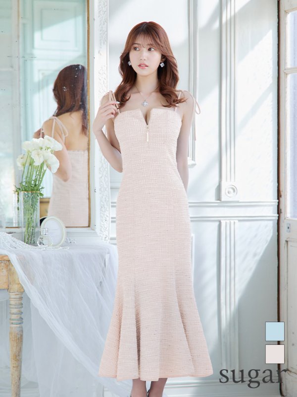 画像3: Lサイズあり【DEA./ディア】肩紐リボン/ ニットツイード/ マーメイド/ ミディアムドレス/ キャバドレス【OF08】 (3)