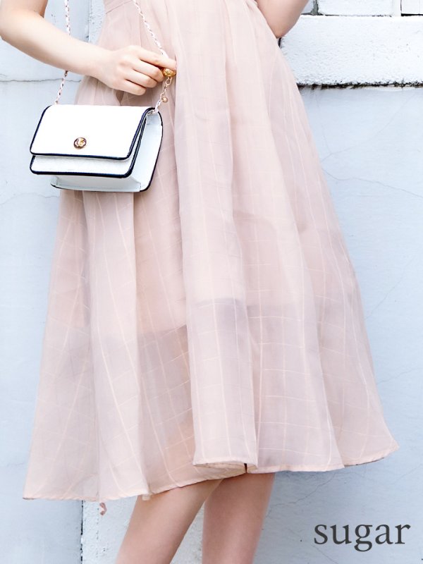 画像16: Lサイズあり【DEA./ディア】バストベルト/ チェック/ オーガンジー/ ノースリーブ/ フレア/ ミディアムドレス/ キャバドレス[OF08] (16)