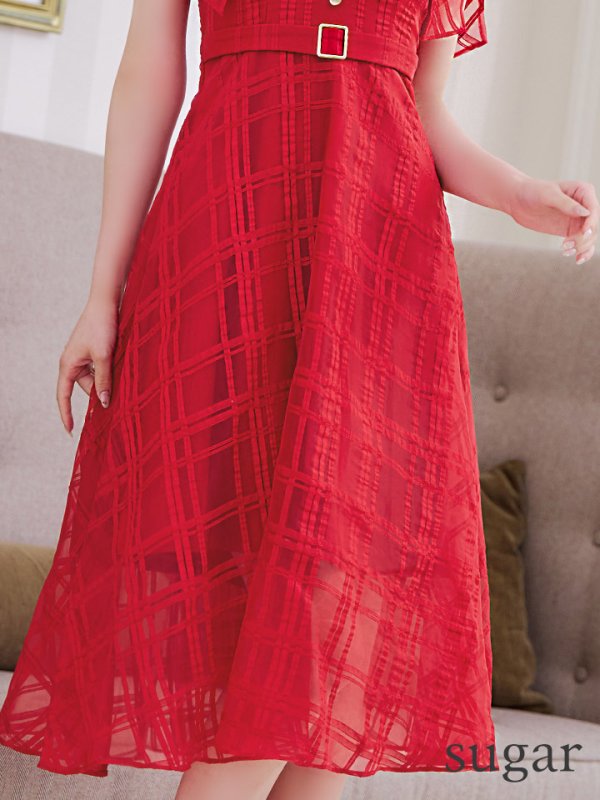 画像11: XS-Lサイズあり【DEA./ディア】肩リボン/ チェック柄/ オーガンジー/ フレア/ ロング/ キャミ/ ミディアムドレス/ キャバドレス[OF08] (11)