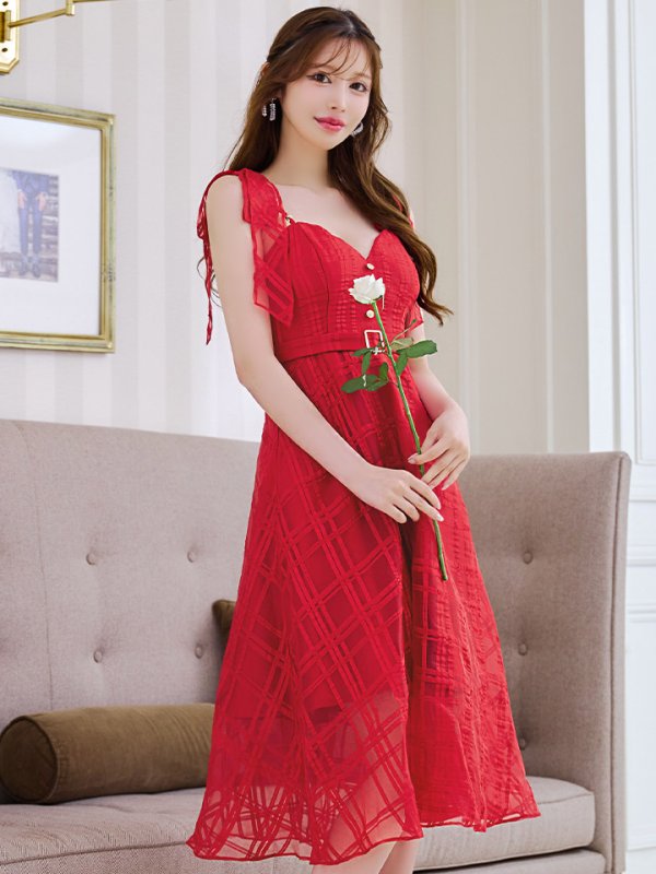 画像2: XS-Lサイズあり【DEA./ディア】肩リボン/ チェック柄/ オーガンジー/ フレア/ ロング/ キャミ/ ミディアムドレス/ キャバドレス[OF08] (2)