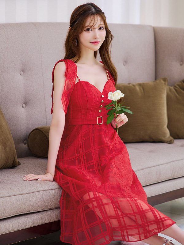 画像3: XS-Lサイズあり【DEA./ディア】肩リボン/ チェック柄/ オーガンジー/ フレア/ ロング/ キャミ/ ミディアムドレス/ キャバドレス[OF08] (3)