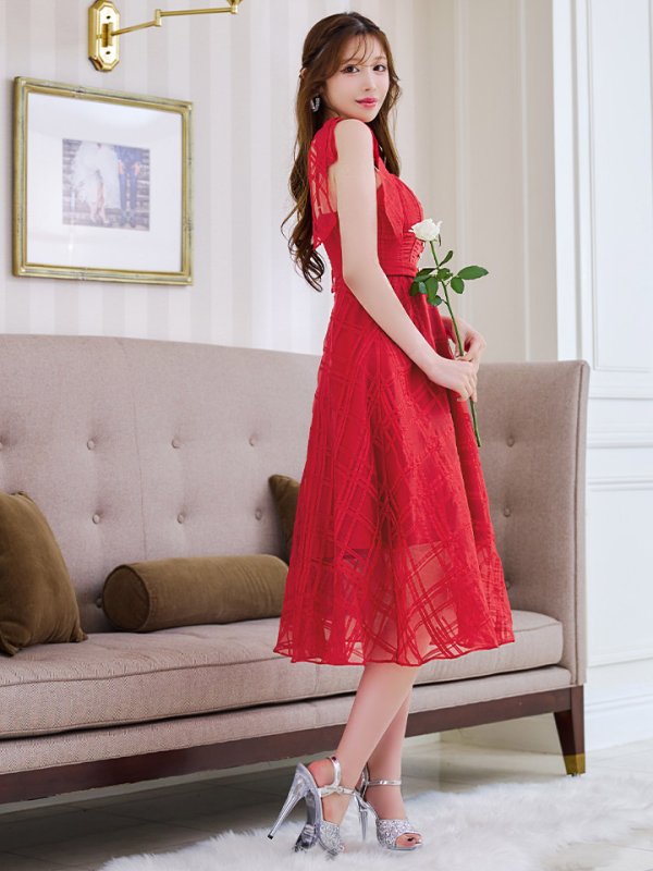 画像4: XS-Lサイズあり【DEA./ディア】肩リボン/ チェック柄/ オーガンジー/ フレア/ ロング/ キャミ/ ミディアムドレス/ キャバドレス[OF08] (4)