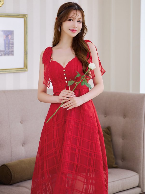 画像5: XS-Lサイズあり【DEA./ディア】肩リボン/ チェック柄/ オーガンジー/ フレア/ ロング/ キャミ/ ミディアムドレス/ キャバドレス[OF08] (5)