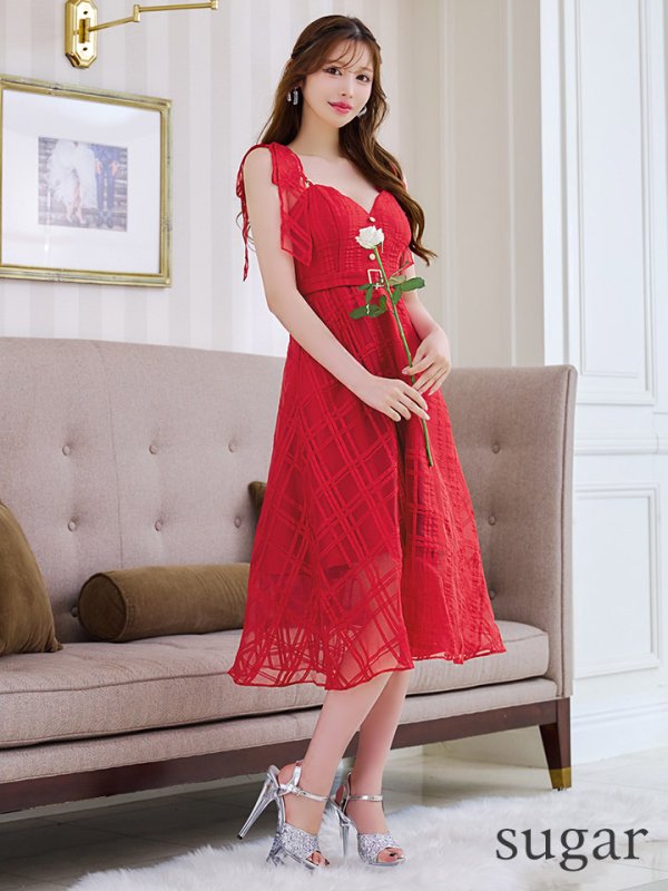 画像7: XS-Lサイズあり【DEA./ディア】肩リボン/ チェック柄/ オーガンジー/ フレア/ ロング/ キャミ/ ミディアムドレス/ キャバドレス[OF08] (7)