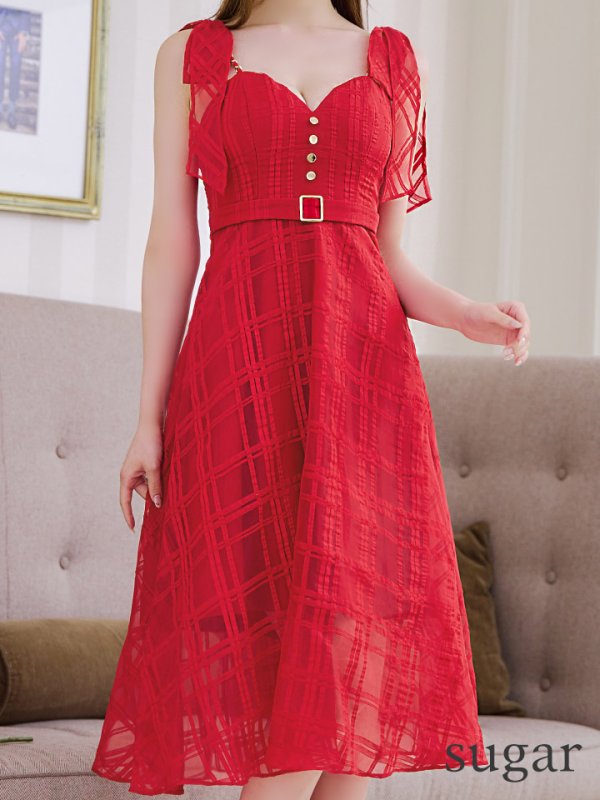 画像8: XS-Lサイズあり【DEA./ディア】肩リボン/ チェック柄/ オーガンジー/ フレア/ ロング/ キャミ/ ミディアムドレス/ キャバドレス[OF08] (8)