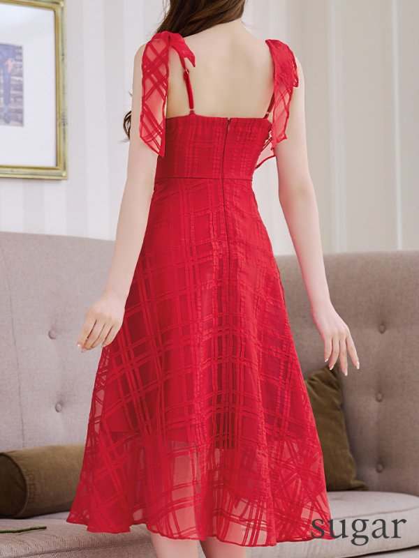 画像9: XS-Lサイズあり【DEA./ディア】肩リボン/ チェック柄/ オーガンジー/ フレア/ ロング/ キャミ/ ミディアムドレス/ キャバドレス[OF08] (9)