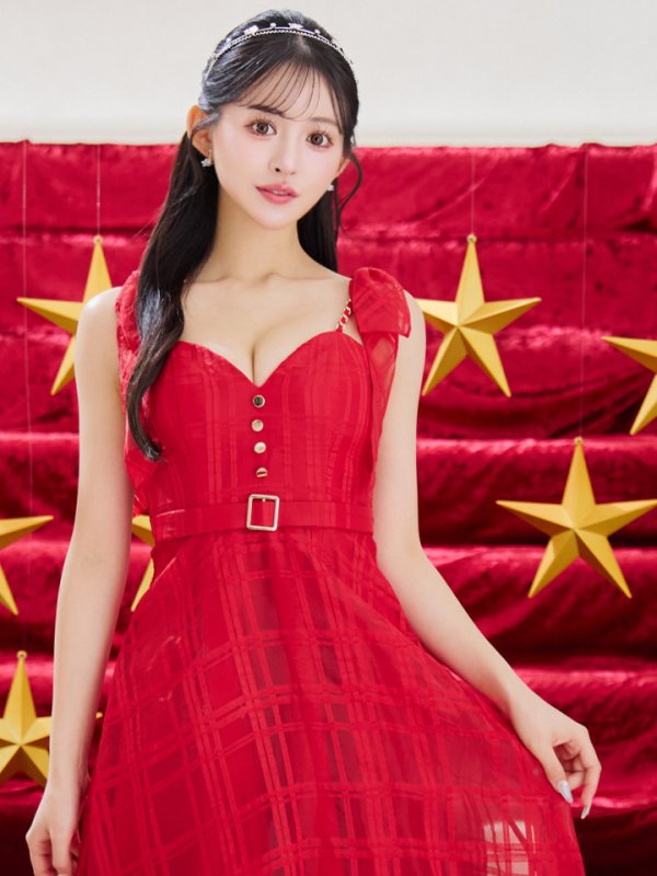 画像33: XS-Lサイズあり【DEA./ディア】肩リボン/ チェック柄/ オーガンジー/ フレア/ ロング/ キャミ/ ミディアムドレス/ キャバドレス[OF08] (33)