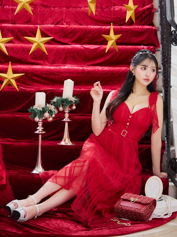 画像35: XS-Lサイズあり【DEA./ディア】肩リボン/ チェック柄/ オーガンジー/ フレア/ ロング/ キャミ/ ミディアムドレス/ キャバドレス[OF08] (35)