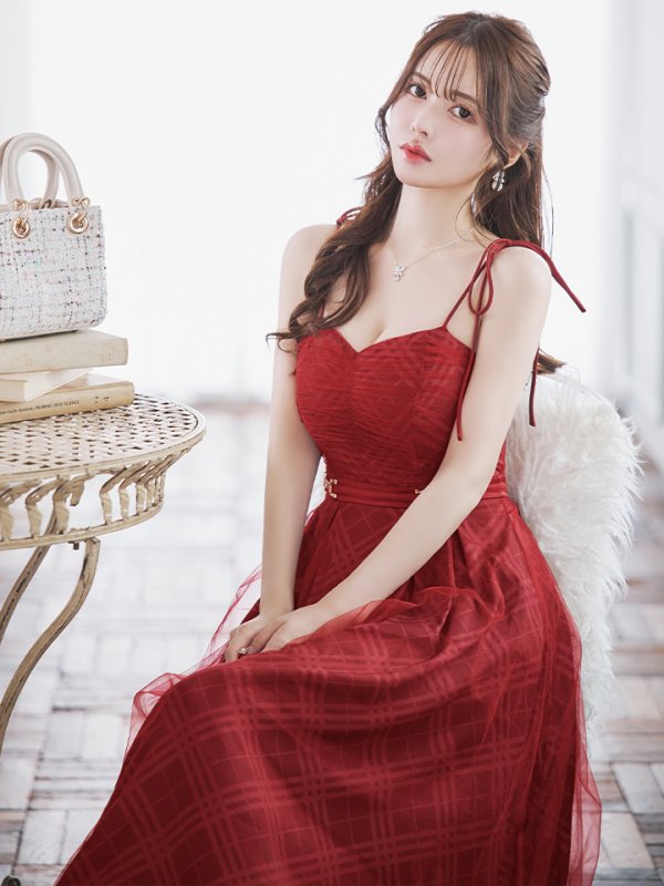 画像22: Lサイズあり【DEA./ディア】チュールチェック/ ベルトデザイン/ キャミ/ フレア/ ミモレ丈/ ミディアムドレス/ キャバドレス[OF08] (22)