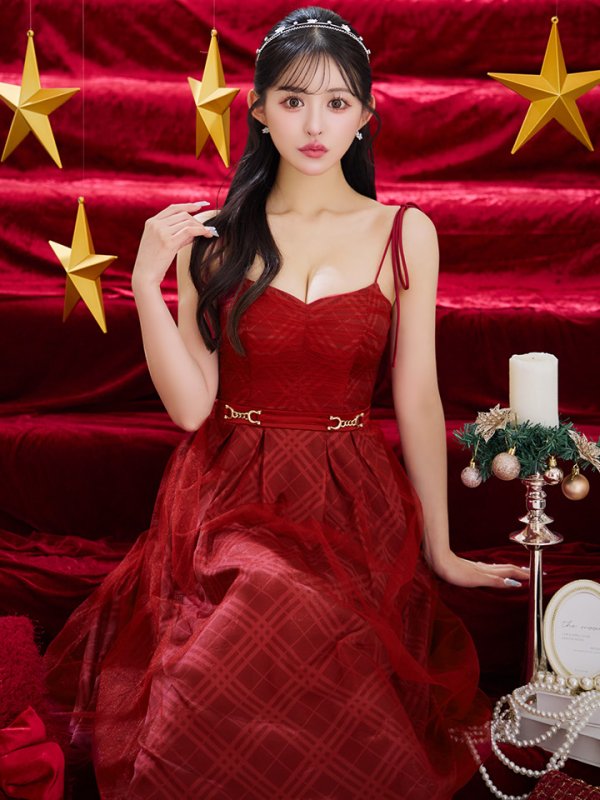 画像11: Lサイズあり【DEA./ディア】チュールチェック/ ベルトデザイン/ キャミ/ フレア/ ミモレ丈/ ミディアムドレス/ キャバドレス[OF08] (11)