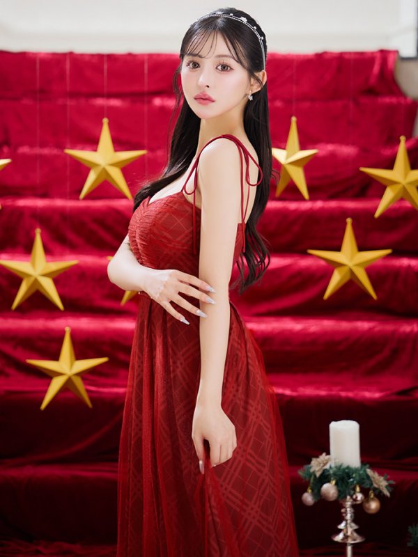 画像12: Lサイズあり【DEA./ディア】チュールチェック/ ベルトデザイン/ キャミ/ フレア/ ミモレ丈/ ミディアムドレス/ キャバドレス[OF08] (12)