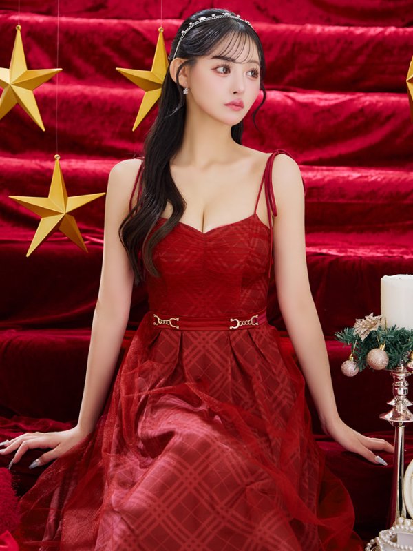 画像15: Lサイズあり【DEA./ディア】チュールチェック/ ベルトデザイン/ キャミ/ フレア/ ミモレ丈/ ミディアムドレス/ キャバドレス[OF08] (15)