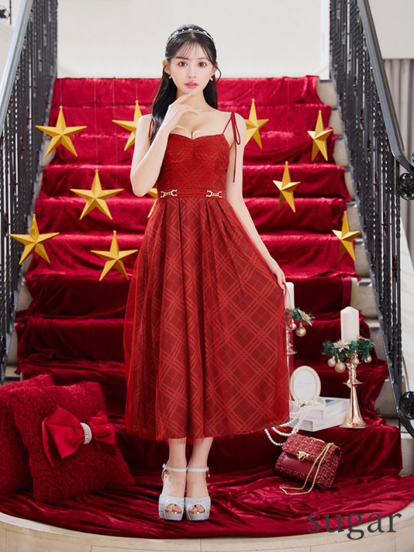 画像16: Lサイズあり【DEA./ディア】チュールチェック/ ベルトデザイン/ キャミ/ フレア/ ミモレ丈/ ミディアムドレス/ キャバドレス[OF08] (16)